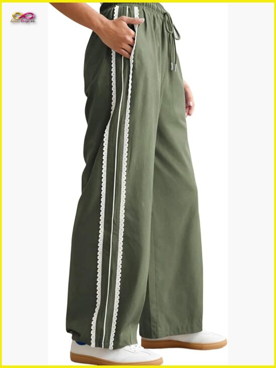 Pants - Wide Leg Sweatpants Side Stripe Crochet Drawstring Casual Track Palazzo Pockets